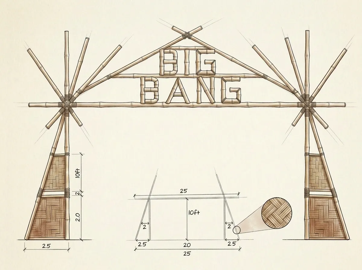 Design sketch of the bamboo 'Big Bang' festival gateway, woven lattice panel with the Nanadisa village name